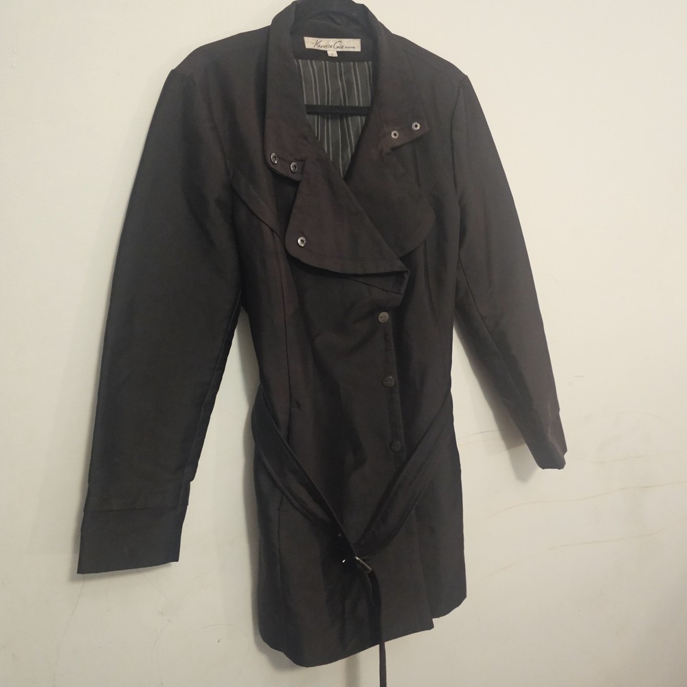 Kenneth Cole Womens Black Long Sleeve Pockets Belted Trench Coat Jacket Size XL
